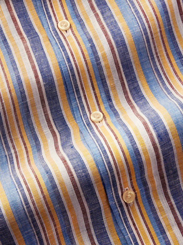 Positano Yellow Striped Full Sleeve Single Cuff Tailored Fit Semi Formal European Flax Linen Without Pocket Shirt