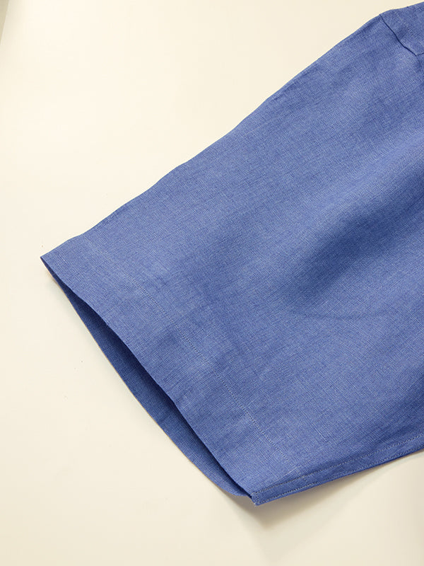 Praiano Blue Solid Half Sleeve Classic Fit Semi Formal French Flax Linen Shirt