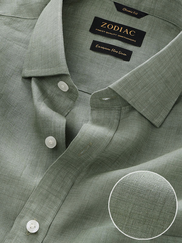 Praiano Olive Solid Half Sleeve Classic Fit Semi Formal European Flax Linen Shirt
