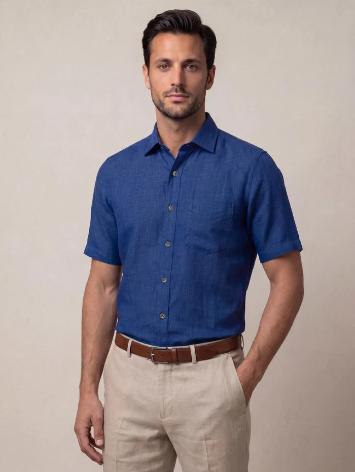 Praiano Royal Solid Half Sleeve Classic Fit Semi Formal European Flax Linen Shirt
