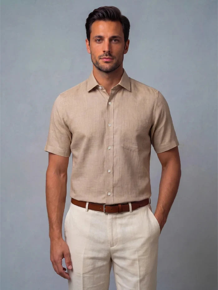 Praiano Sand Solid Half Sleeve Classic Fit Semi Formal European Flax Linen Shirt