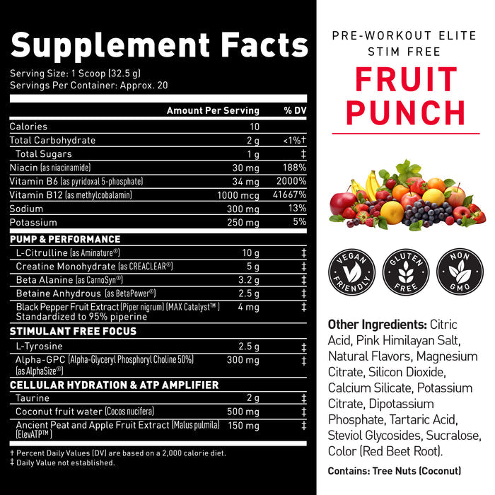 Pre-Workout Elite Stimulant-Free front label, Fruit Punch flavor supplement facts and certification badges #flavor_fruit punch
