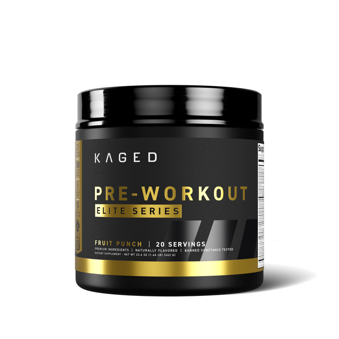 Front view of Pre-Workout Elite tub showing black and gold label with Fruit Punch flavor | 20 servings on white background #flavor_fruit punch