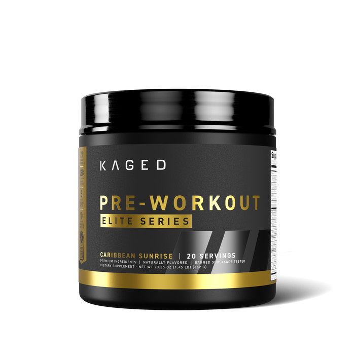 Front view of Pre-Workout Elite tub showing black and gold label with 'Caribbean Sunrise | 20 servings' on white background #flavor_caribbean sunrise