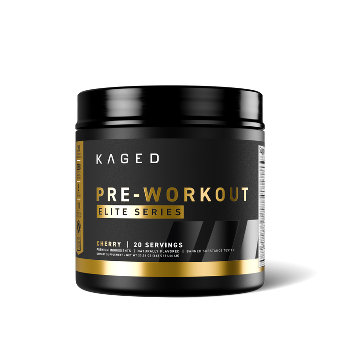 Front view of Pre-Workout Elite tub showing gold PRE-WORKOUT label and Cherry flavor on white background #flavor_cherry