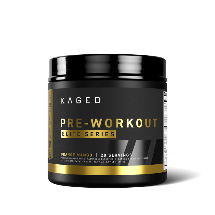 Front of KAGED Pre-Workout Elite tub showing gold PRE-WORKOUT label and Orange Mango flavor on white background #flavor_orange mango