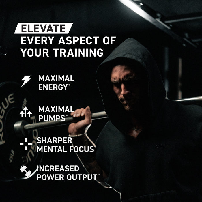 Man squatting barbell in dark gym, overlay 'Elevate every aspect of your training', pre workout benefits: energy, pumps, focus