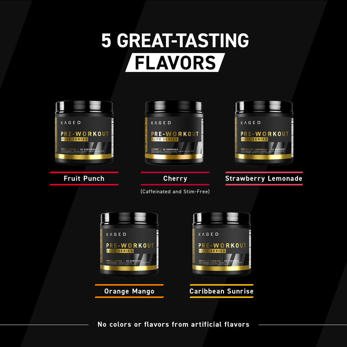 Promotional banner showing five Pre-Workout Elite flavors: Fruit Punch; Cherry (caffeinated and stim-free); Strawberry Lemonade; Orange Mango; Caribbean Sunrise