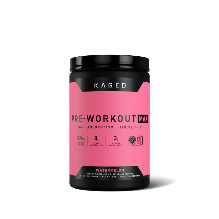 Front view of Pre-Workout Max tub, Watermelon flavor with pink label showing Pre-Workout Max and Watermelon #flavor_watermelon