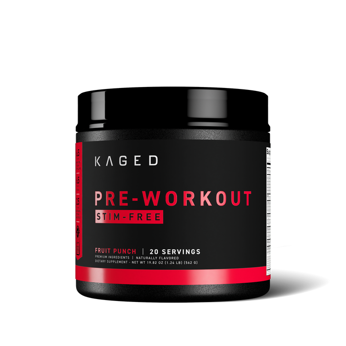 Front view of KAGED Pre-Workout Stim-Free tub, Fruit Punch flavor, 20 servings on black background #flavor_fruit punch