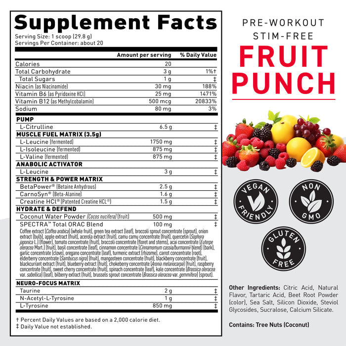 Front label close up of Pre-Workout Stim Free tub showing supplement facts and large FRUIT PUNCH flavor text with vegan, gluten-free and non-GMO badges #flavor_fruit punch