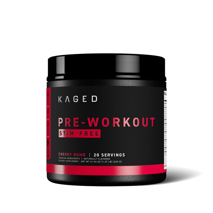 Close-up front of Pre-Kaged Pre-Workout Stim-Free tub showing PRE-WORKOUT and STIM-FREE label, Cherry Bomb flavor, 20 servings #flavor_cherry bomb