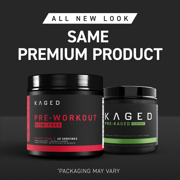 Two Pre-Kaged stim-free pre-workout tubs with new packaging and headline 'Same Premium Product' on dark background