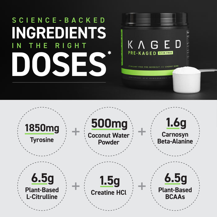 Infographic showing headline Science-backed ingredients in the right doses and six labeled ingredient dosages for Pre-Kaged Stim-Free