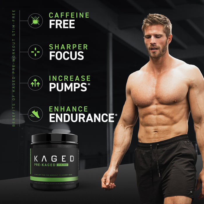Graphic showing stim-free preworkout benefits: no caffeine, sharper focus, bigger pumps, enhanced endurance; tub and athlete