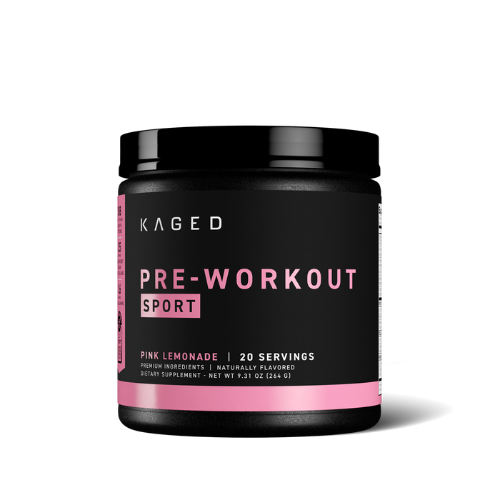 Front view of Pre-Workout Sport pre workout tub showcasing bold pink PRE-WORKOUT SPORT label and Pink Lemonade flavor on black background #flavor_pink lemonade