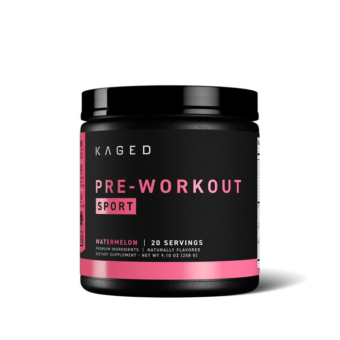 Front view of Pre-Workout Sport supplement tub showing pink PRE-WORKOUT SPORT label and Watermelon, 20 servings text on white background #flavor_watermelon