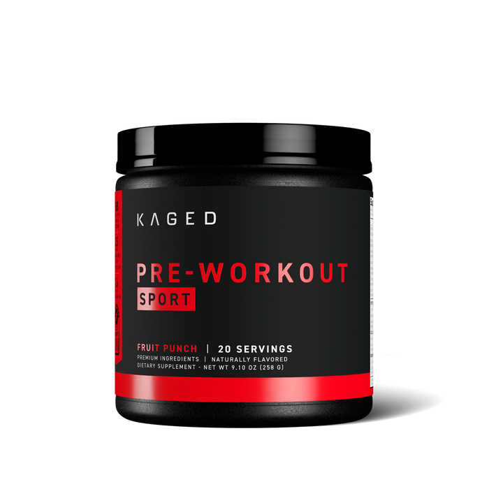 Front view of Pre-Workout Sport tub (Fruit Punch) showing label Pre-Workout Sport and 20 servings on a dark background #flavor_fruit punch