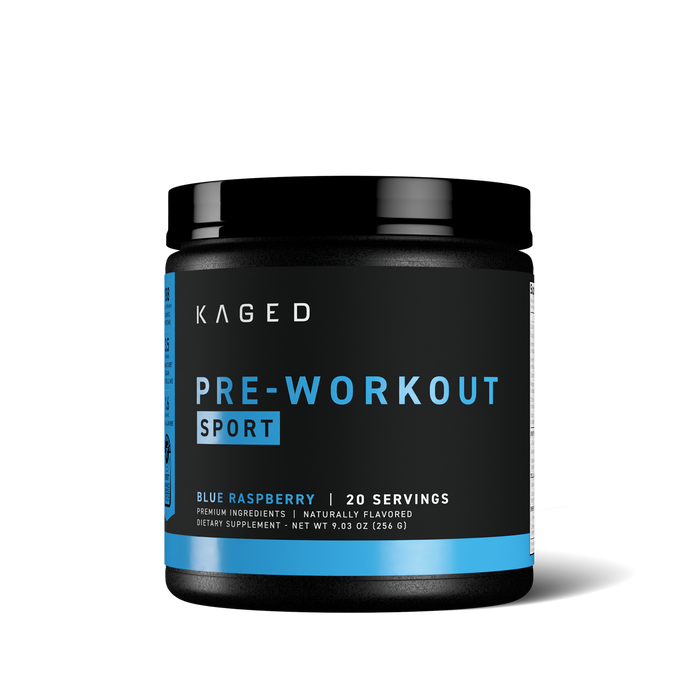 Front view of Pre-Workout Sport tub showcasing Pre-Workout Sport label and blue raspberry flavor on white background #flavor_blue raspberry