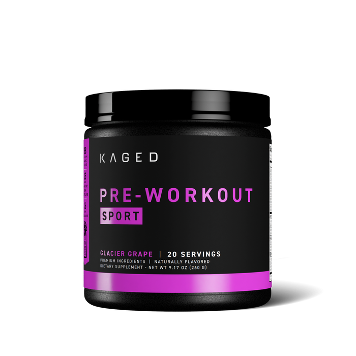 Close-up front view of Pre-Workout Sport container showing Glacier Grape flavor label, "20 servings", and pink Pre-Workout branding on black background #flavor_glacier grape