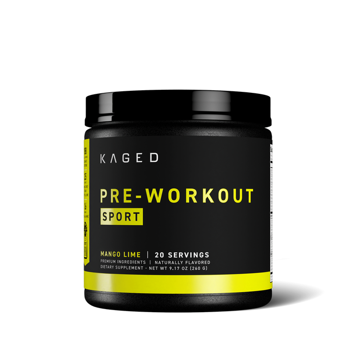Close-up front view of Pre-Workout Sport tub showing black label with yellow PRE-WORKOUT SPORT text and Mango Lime flavor on white background #flavor_mango lime