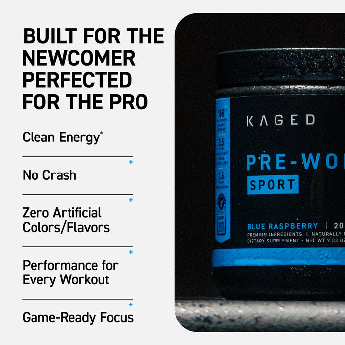 Infographic showing Pre-Workout Sport benefits including clean energy, no crash, and game-ready focus