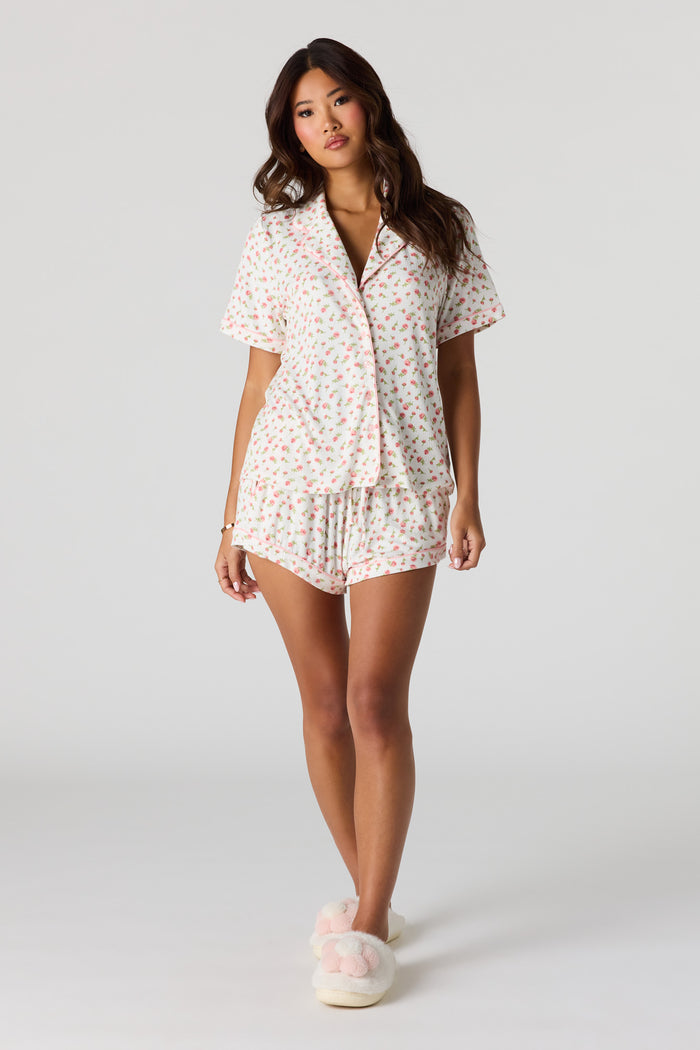 Printed Button-Up Collared Top & Short Pajama Set