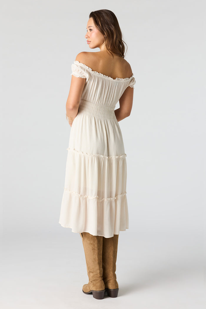 Printed Off Shoulder Tiered Midi Dress