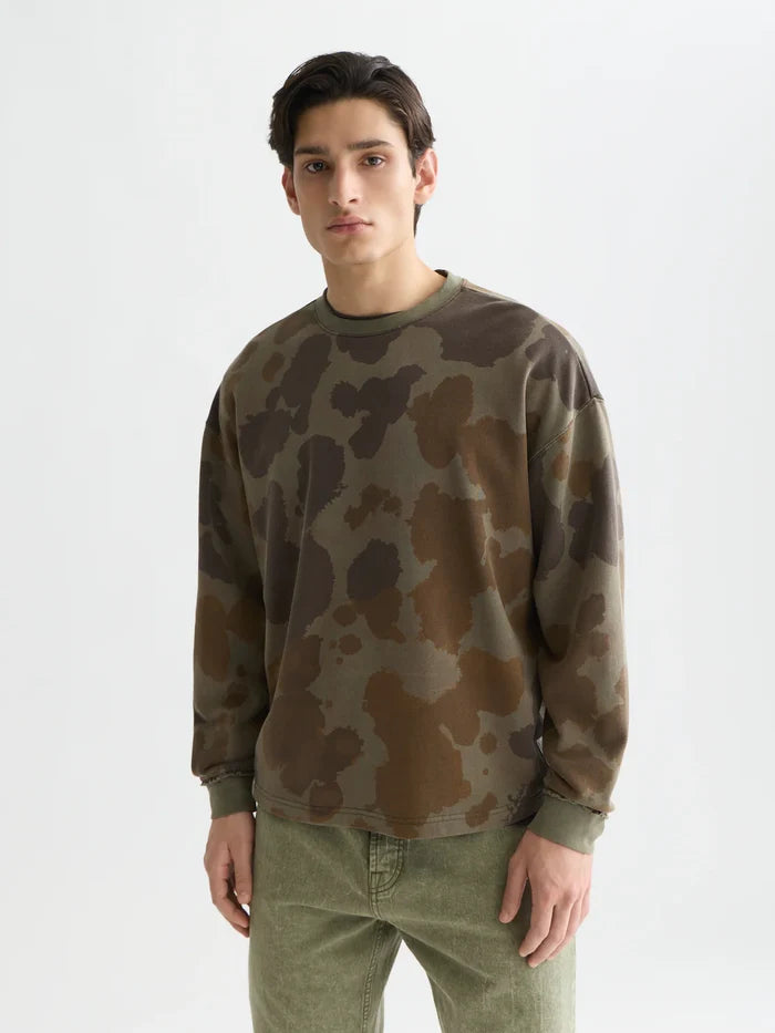 Printed Overdyed Loose-Fit Sweatshirt Painterly Animal Olive Night