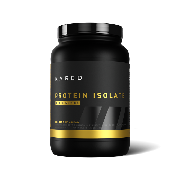 Front close-up of Protein Isolate jar showing Kaged logo, gold Protein Isolate Elite Series text and Cookies N' Cream flavor on white background #flavor_cookies n' cream