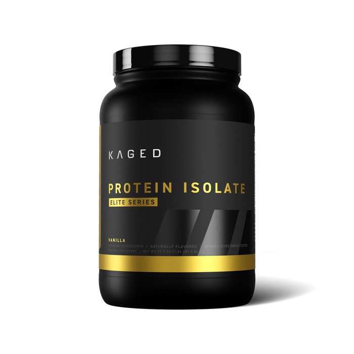 Front view of Protein Isolate Elite tub in vanilla flavor showcasing black and gold label on white background #flavor_vanilla