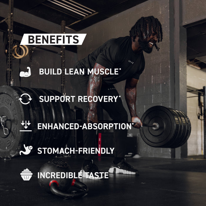 Benefits graphic header ‘BENEFITS’ naming five benefits including build lean muscle and enhanced absorption, with lifter in a gym
