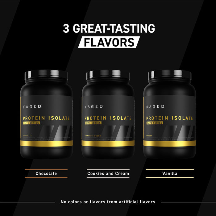 Three Protein Isolate Elite tubs beneath headline "3 GREAT-TASTING FLAVORS" on a black background