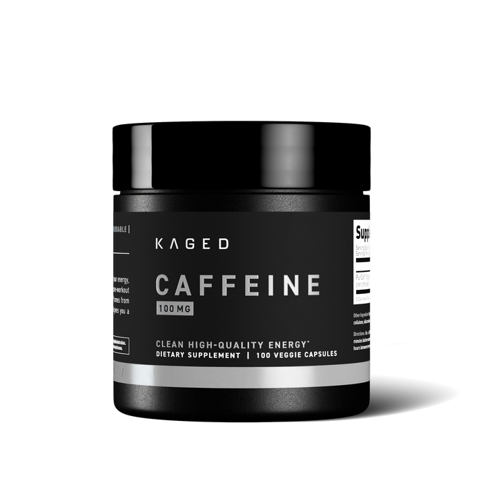 Front view of Kaged PurCaf Caffeine 100 mg supplement bottle showing CAFFEINE and 100 MG on the label with black background