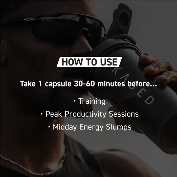 How to use Kaged Caffeine: take 1 capsule 30 to 60 minutes before training, productivity sessions, or midday energy slumps