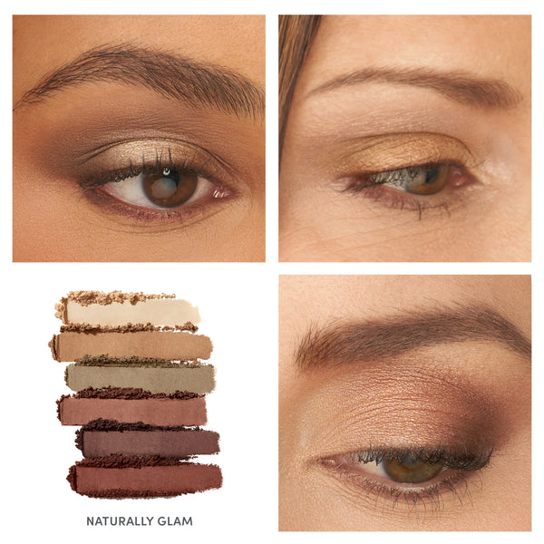 Close-up views of eyes showcasing natural, warm-toned eyeshadow looks along with six coordinating shades from the Purepressed Eye Shadow Palette | Jane Iredale in a naturally glam color range.