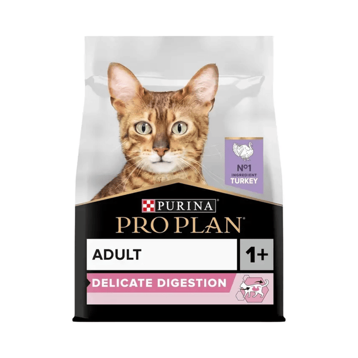Purina Pro Plan Delicate Digestion Adult Dry Turkey Cat Food front on white background