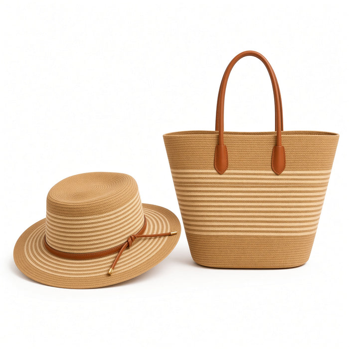 Raffia beach bag and straw hat set by Grace Beauty, featuring a woven handbag and wide-brim straw hat for summer outings.