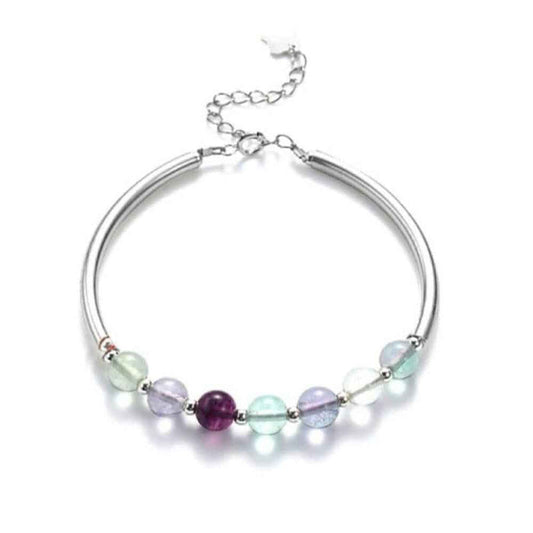 Rainbow fluorite and silver tube bracelet, adjustable, 6mm natural stone beads