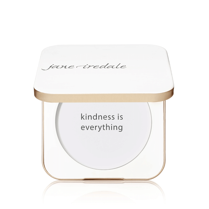 Refillable Compact | Jane Iredale in white and gold with the phrase "kindness is everything" inside the compact, showcasing a sleek, minimalist design for skincare or beauty use.