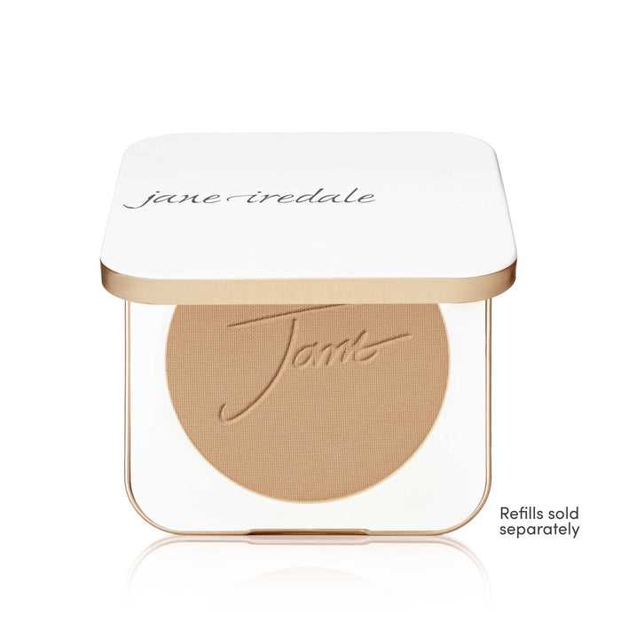 White compact case with gold trim featuring pressed powder with the name Jane Iredale embossed, shown with the lid open, Refillable Compact | Jane Iredale.