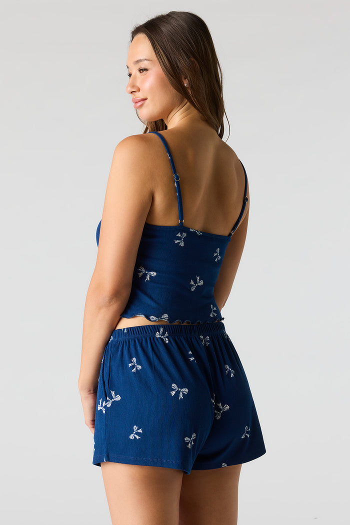 Ribbed Printed Top, Short & Pant 3 Piece Pajama Set