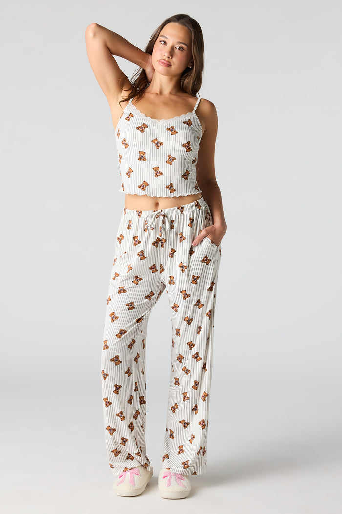 Ribbed Printed Top, Short & Pant 3 Piece Pajama Set