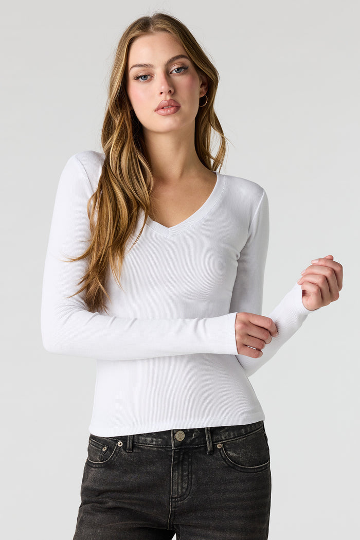 Ribbed V-Neck Long Sleeve Top