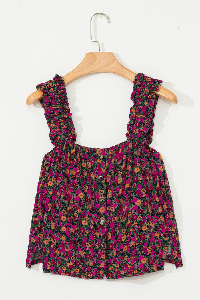 Rose Boho Frilled Straps Floral Tank Top