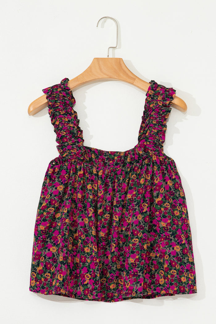 Rose Boho Frilled Straps Floral Tank Top