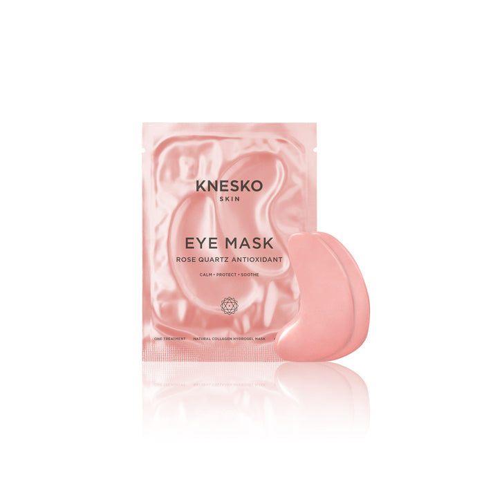 Rose Quartz Antioxidant Eye Mask - 6 Pack | Knesko featuring a single pink eye mask with smooth curved edges alongside its matching reflective pink packaging for skincare and wellness.