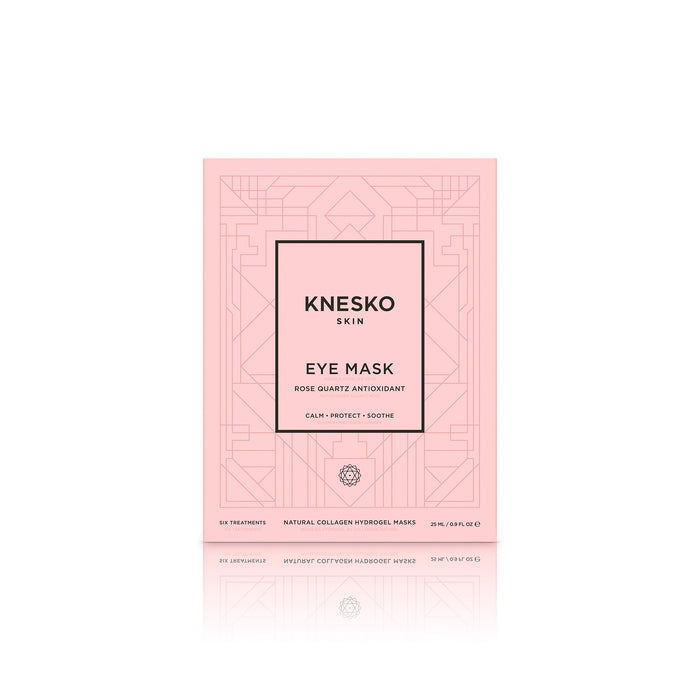 Packaging of Rose Quartz Antioxidant Eye Mask - 6 Pack | Knesko in soft pink with black text, promoting skincare and soothing collagen hydrogel masks for wellness.