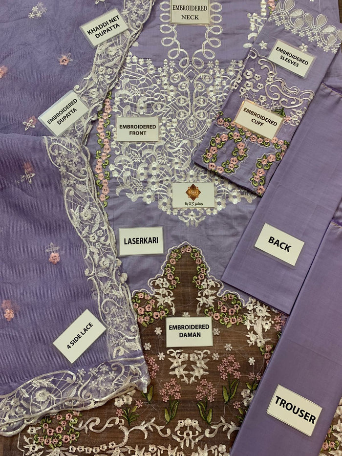 Royal Lavender Embroidered Festive Suit – Luxury Laser-Cut Lace Design