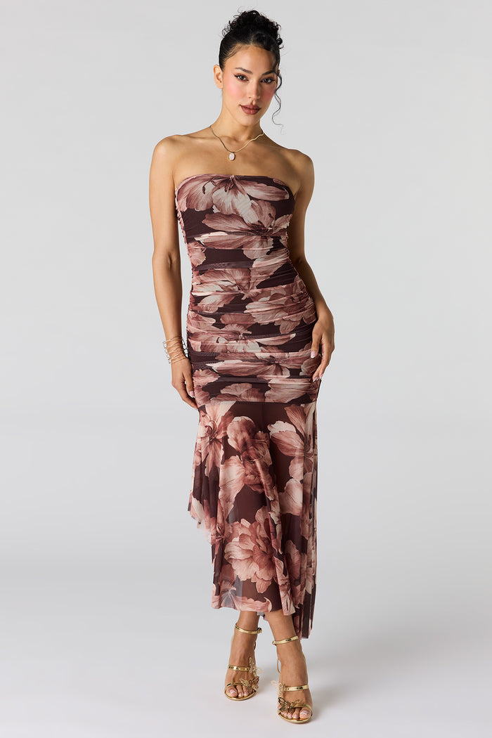 Ruched Mesh Drop Waist Tube Dress